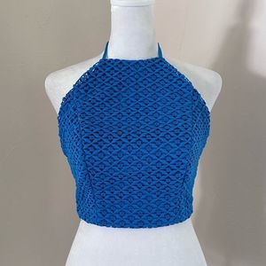 NWT Studio F Crochet Knit Blue Halter Crop Top XS - Colombian Designer